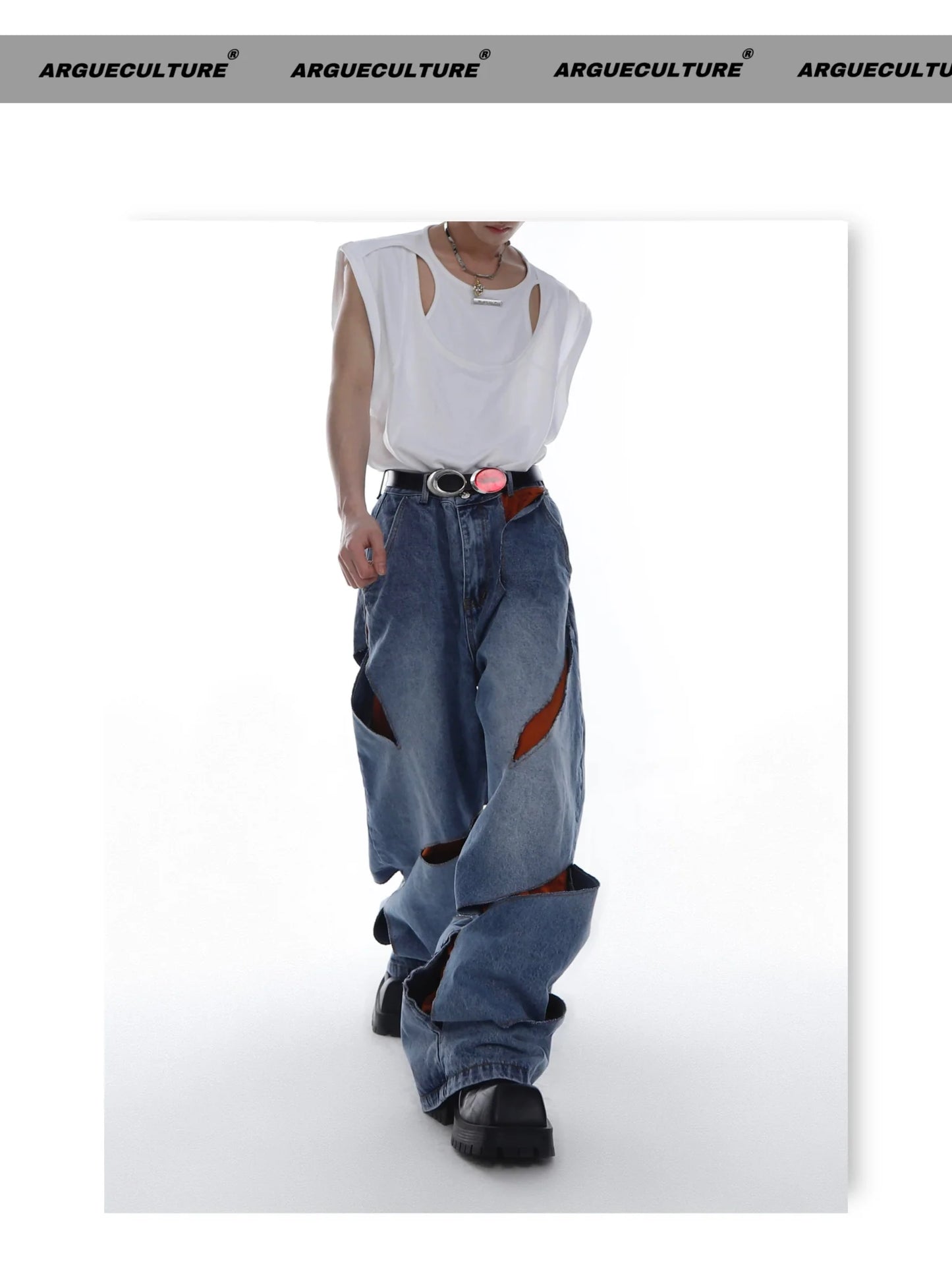 Retro Ripped Distressed  Double-Layered Spilt Wide-Leg Denim Jeans