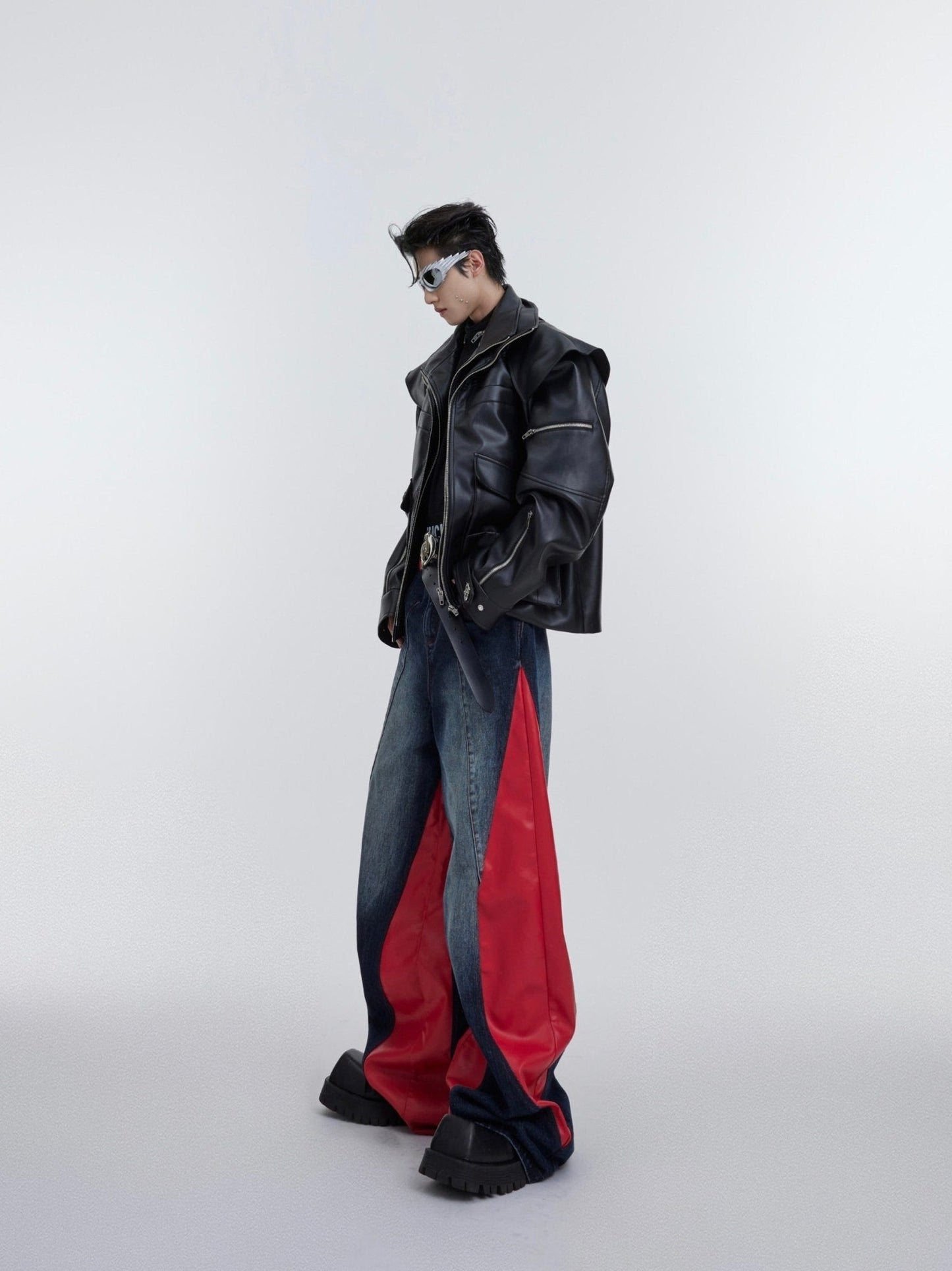 Retro Wash Color-Block Denim Faux Leather Pants | Unisex Wide-Leg