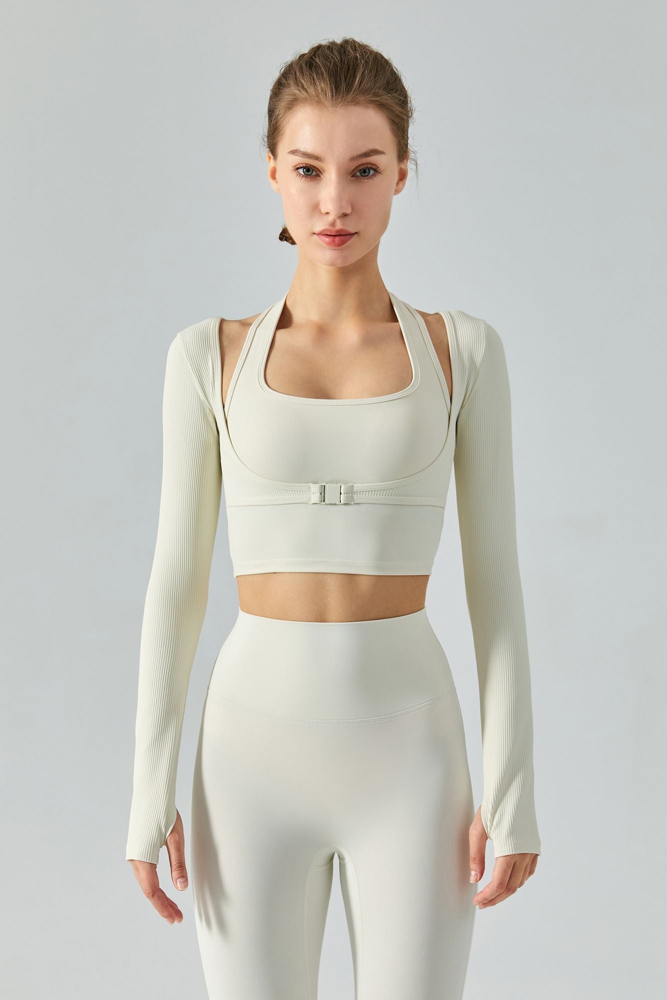 Ribbed Buckle Long Sleeve Halter 2 Piece Crop Top