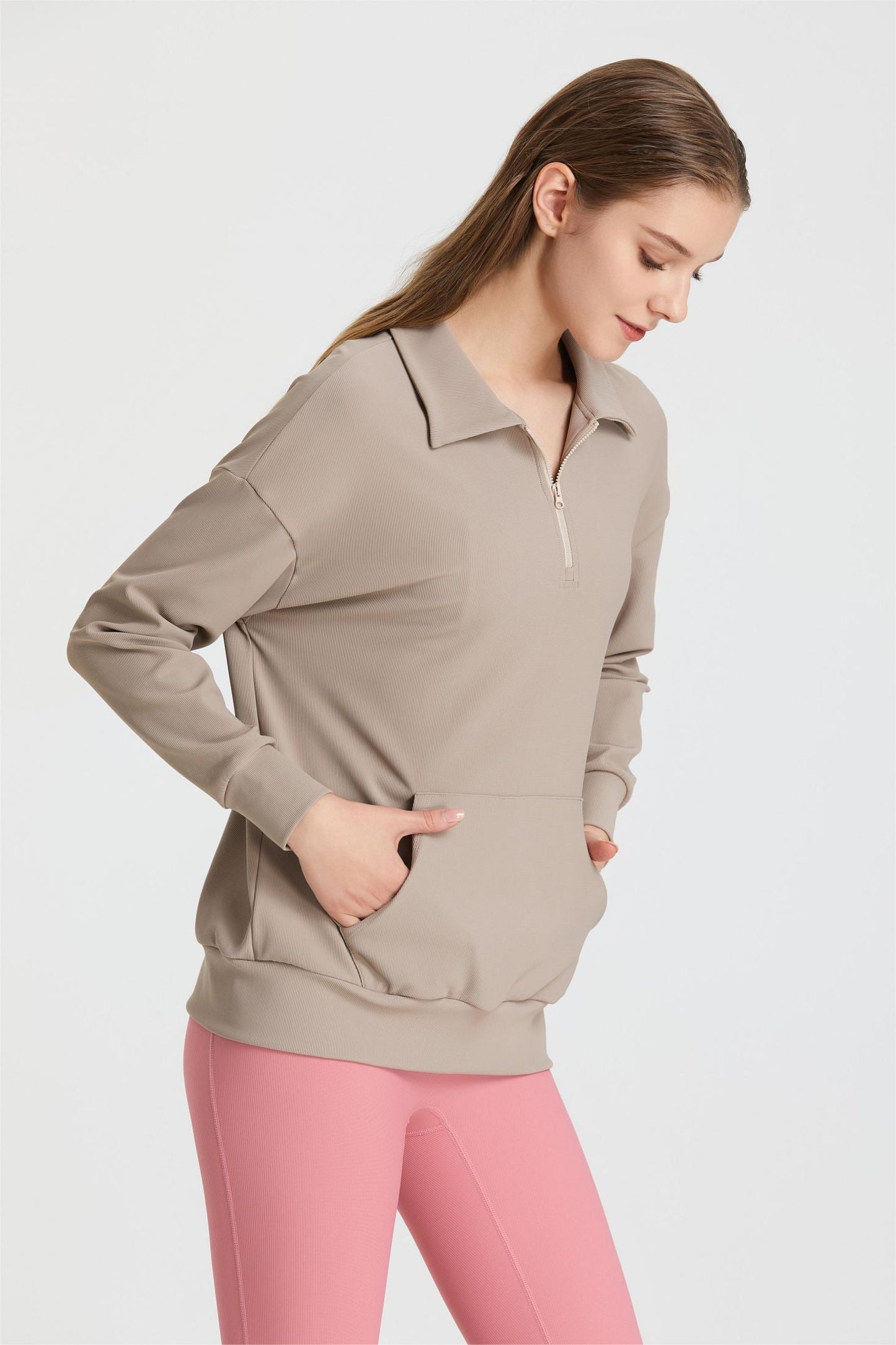 Ribbed Lapel Collar Half-Zip Sweatshirt