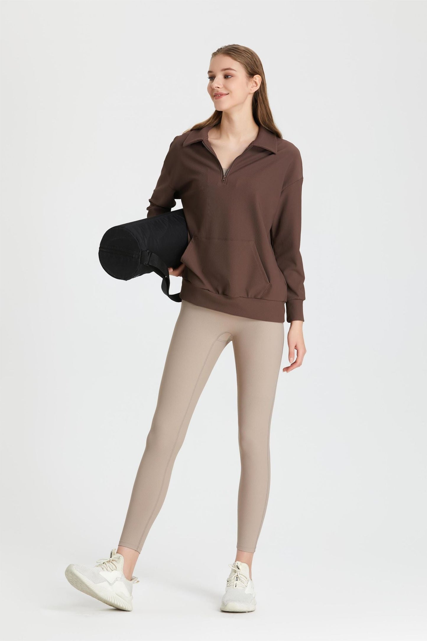 Ribbed Lapel Collar Half-Zip Sweatshirt