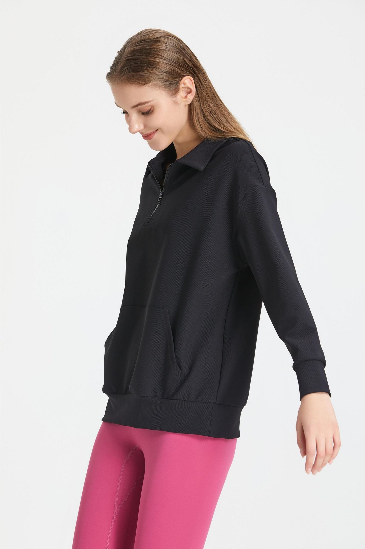 Ribbed Lapel Collar Half-Zip Sweatshirt