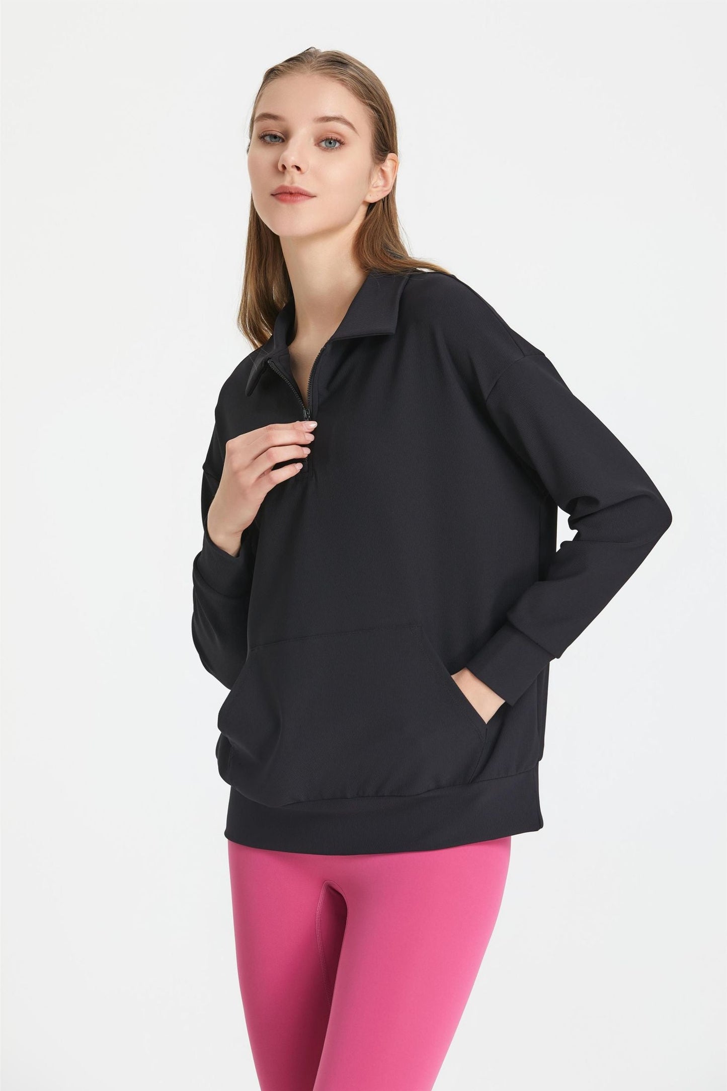 Ribbed Lapel Collar Half-Zip Sweatshirt