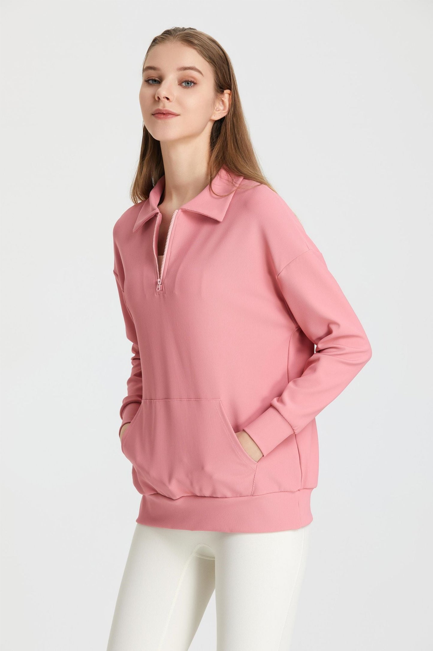 Ribbed Lapel Collar Half-Zip Sweatshirt