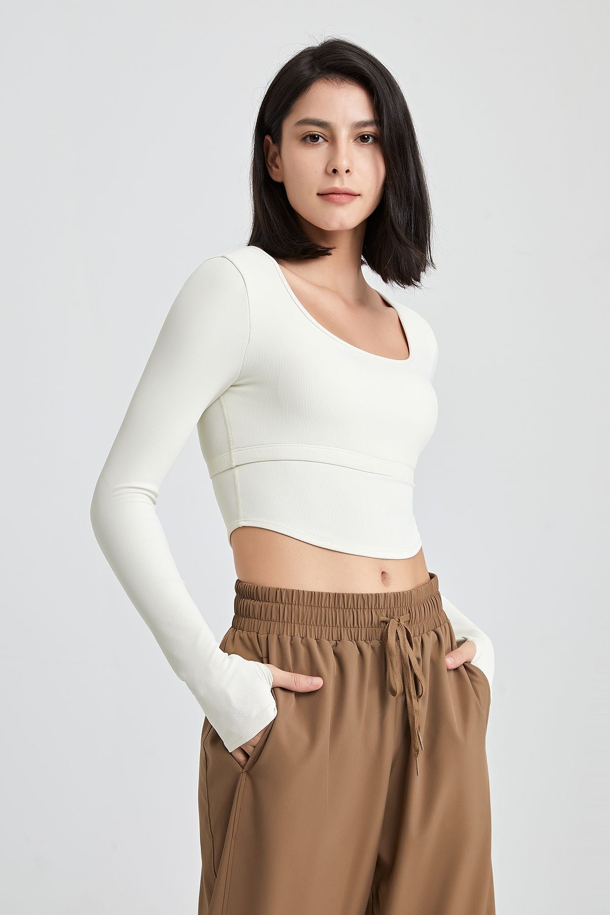 Ribbed Long Sleeve Crop Shirts with Built In Bra