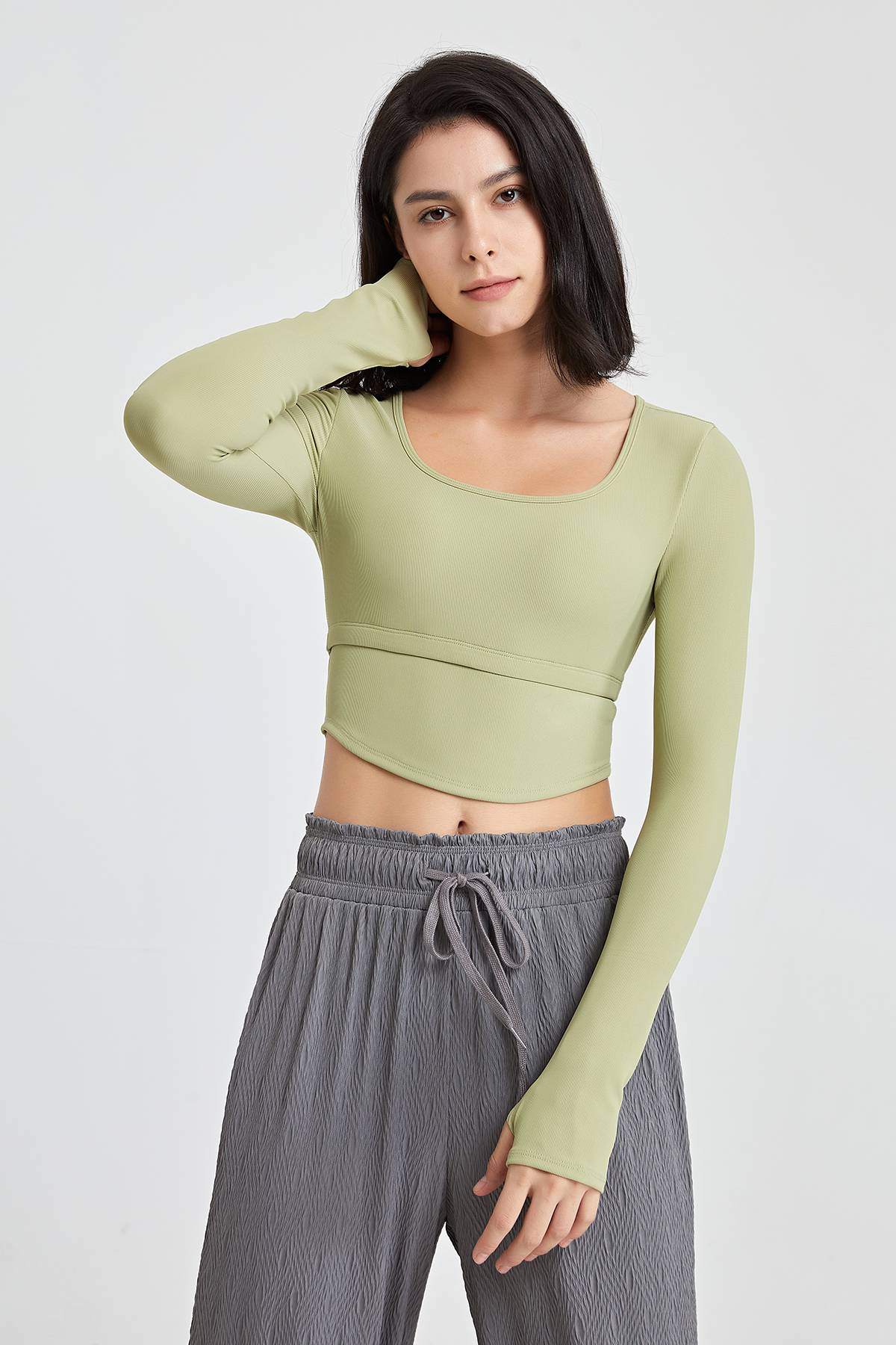 Ribbed Long Sleeve Crop Shirts with Built In Bra