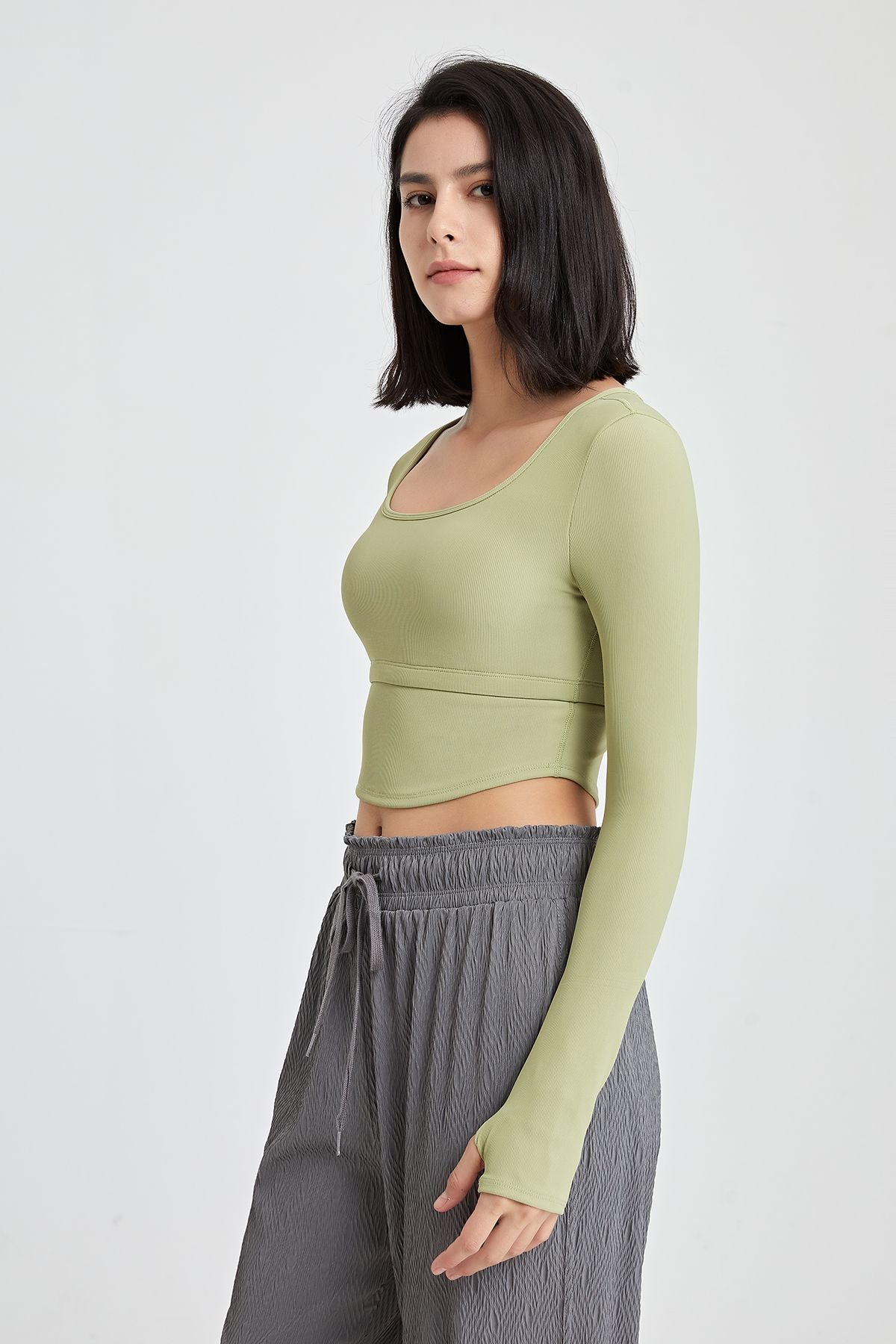 Ribbed Long Sleeve Crop Shirts with Built In Bra