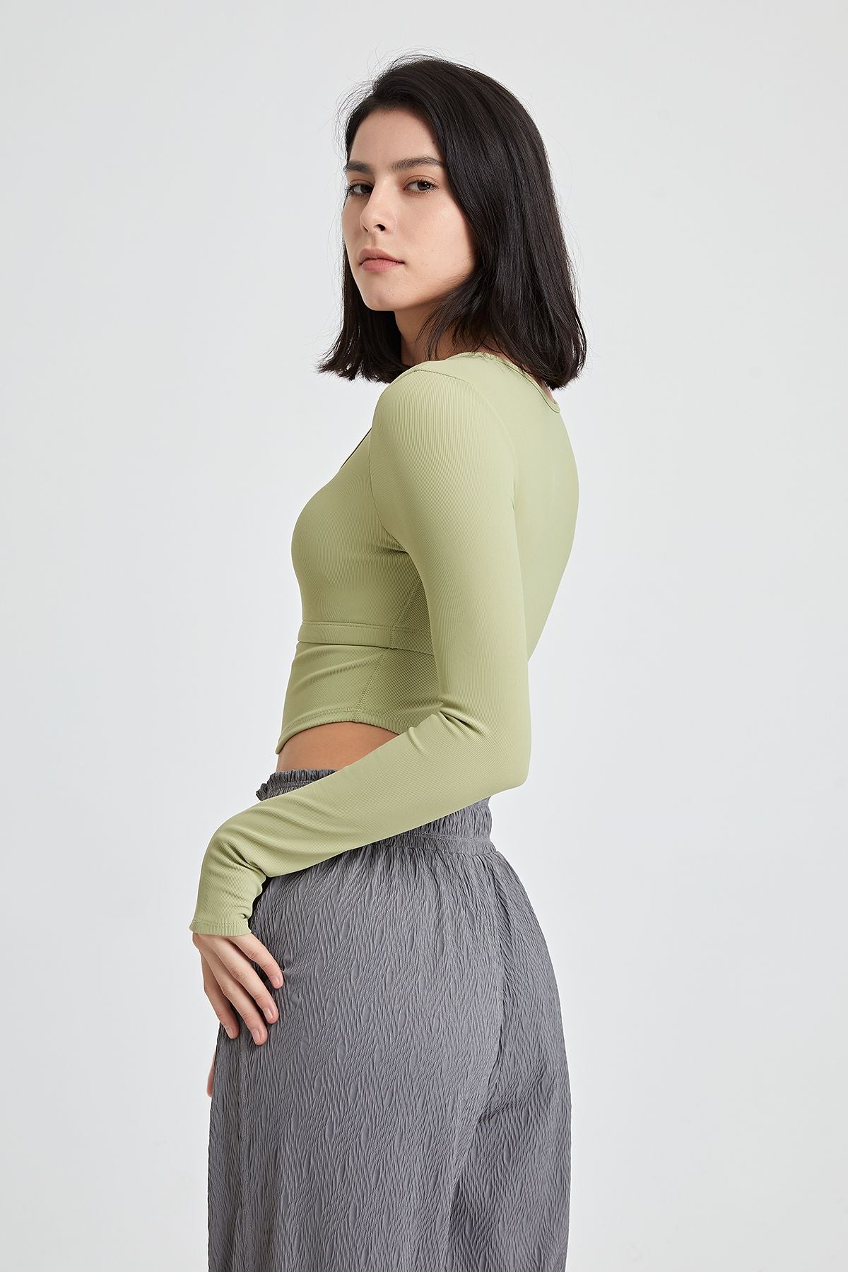 Ribbed Long Sleeve Crop Shirts with Built In Bra