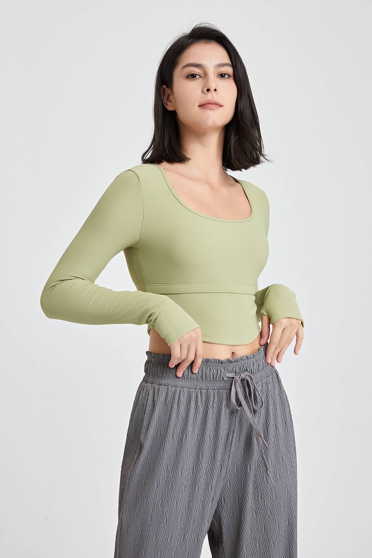 Ribbed Long Sleeve Crop Shirts with Built In Bra