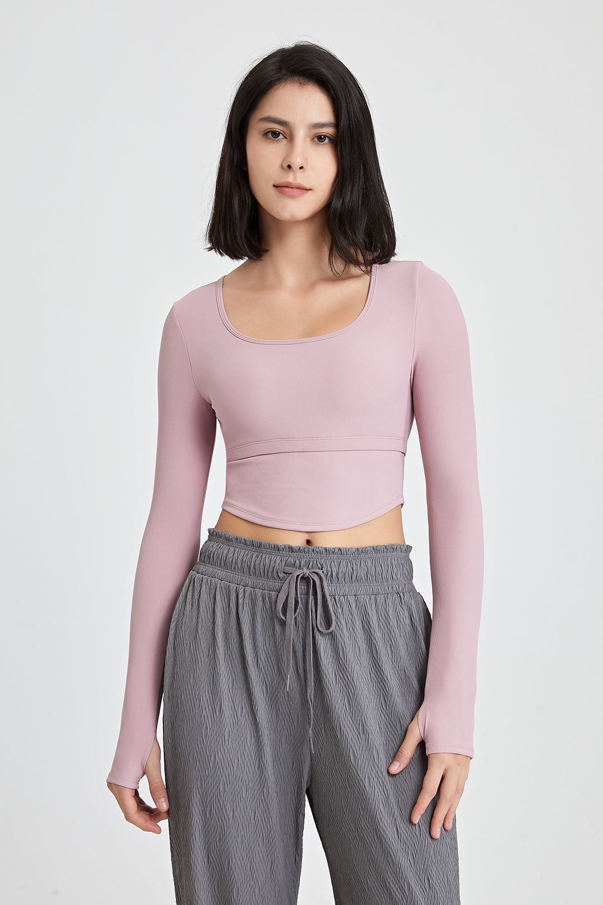 Ribbed Long Sleeve Crop Shirts with Built In Bra