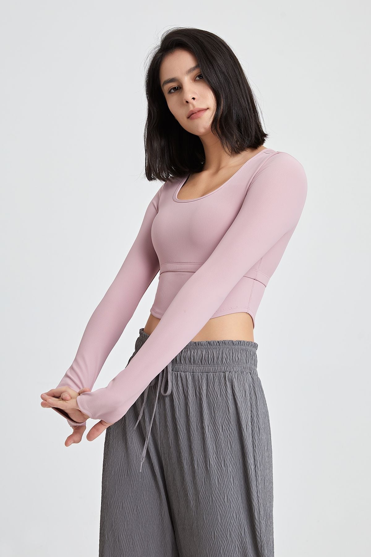 Ribbed Long Sleeve Crop Shirts with Built In Bra