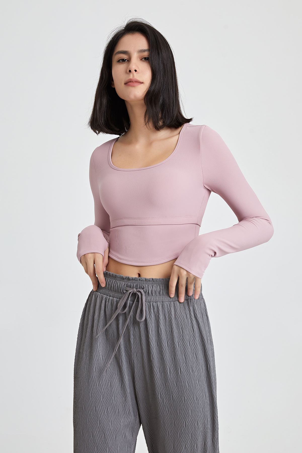 Ribbed Long Sleeve Crop Shirts with Built In Bra