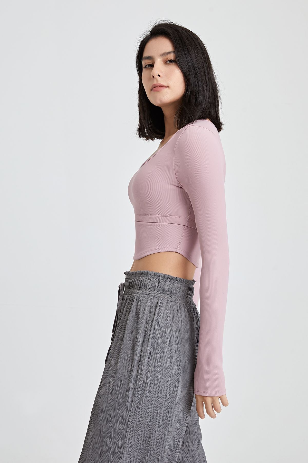 Ribbed Long Sleeve Crop Shirts with Built In Bra