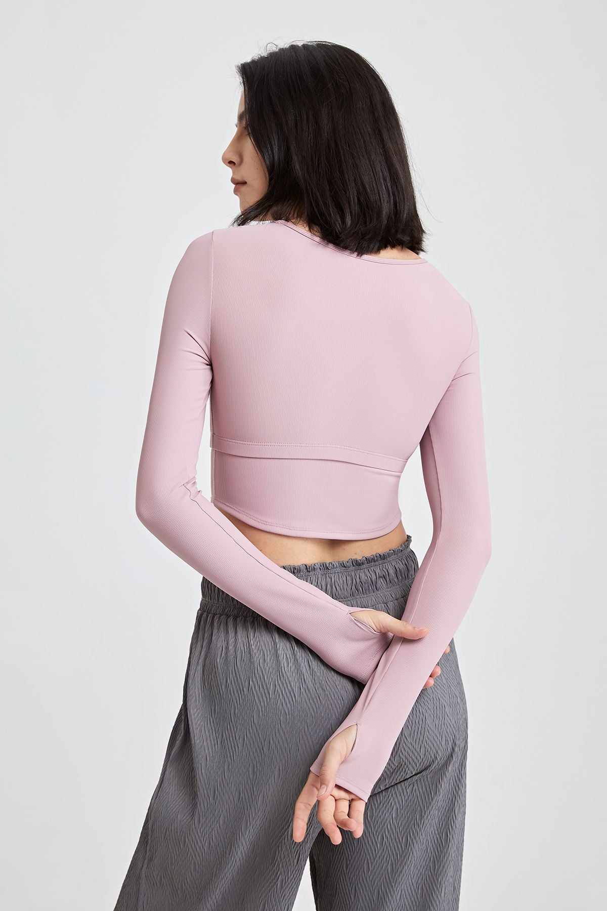 Ribbed Long Sleeve Crop Shirts with Built In Bra