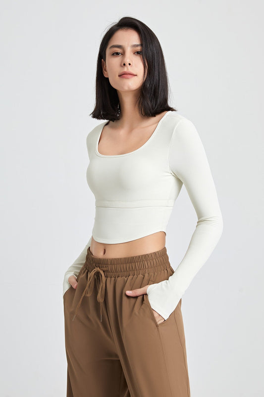 Ribbed Long Sleeve Crop Shirts with Built In Bra