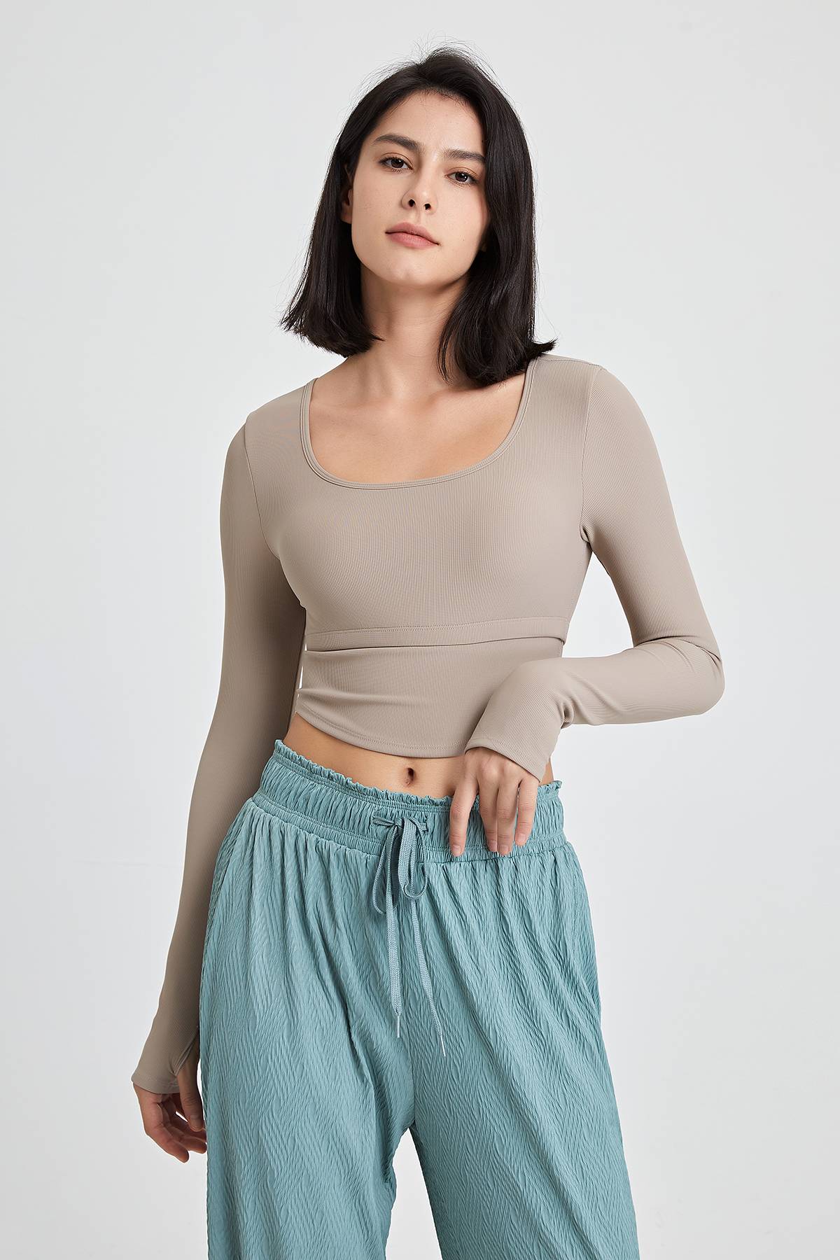 Ribbed Long Sleeve Crop Shirts with Built In Bra