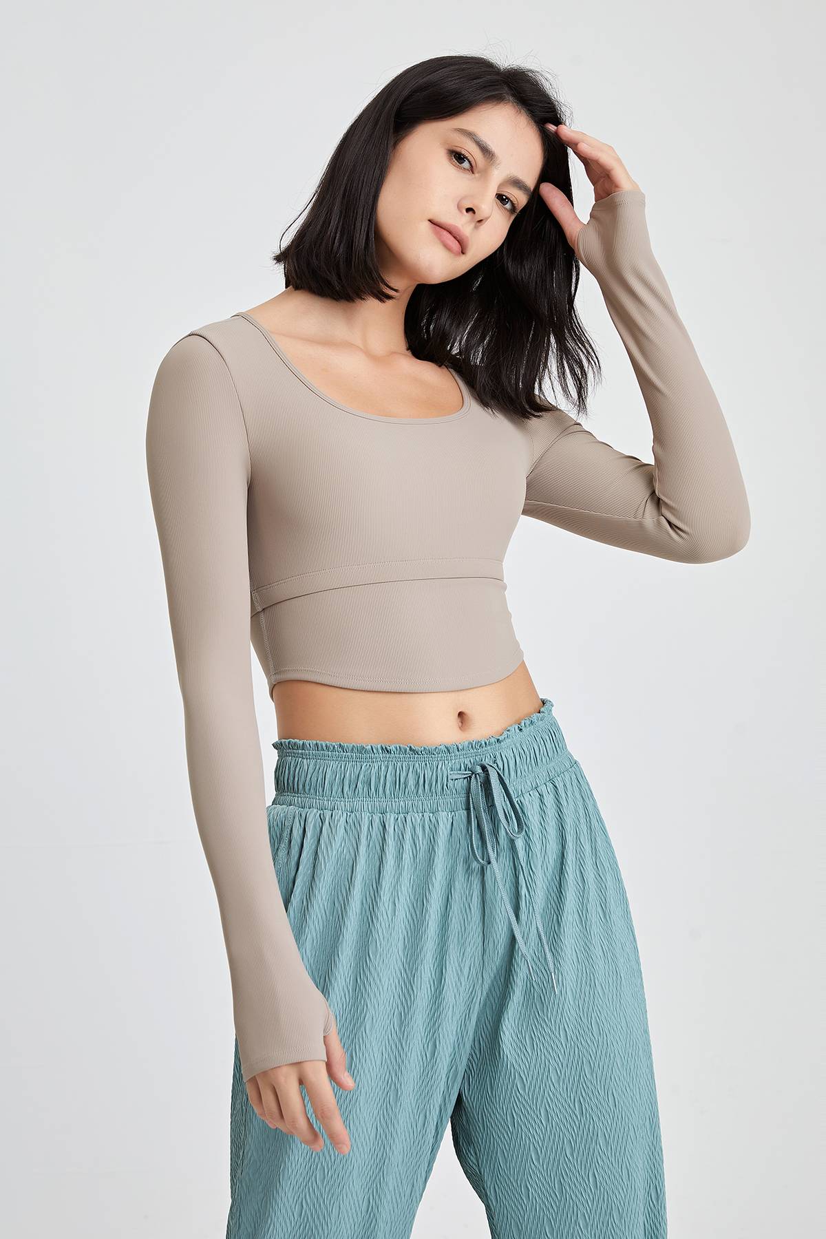 Ribbed Long Sleeve Crop Shirts with Built In Bra