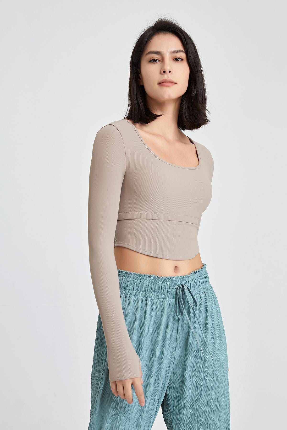 Ribbed Long Sleeve Crop Shirts with Built In Bra