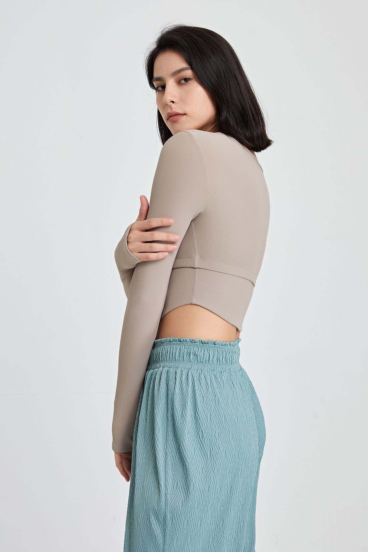 Ribbed Long Sleeve Crop Shirts with Built In Bra