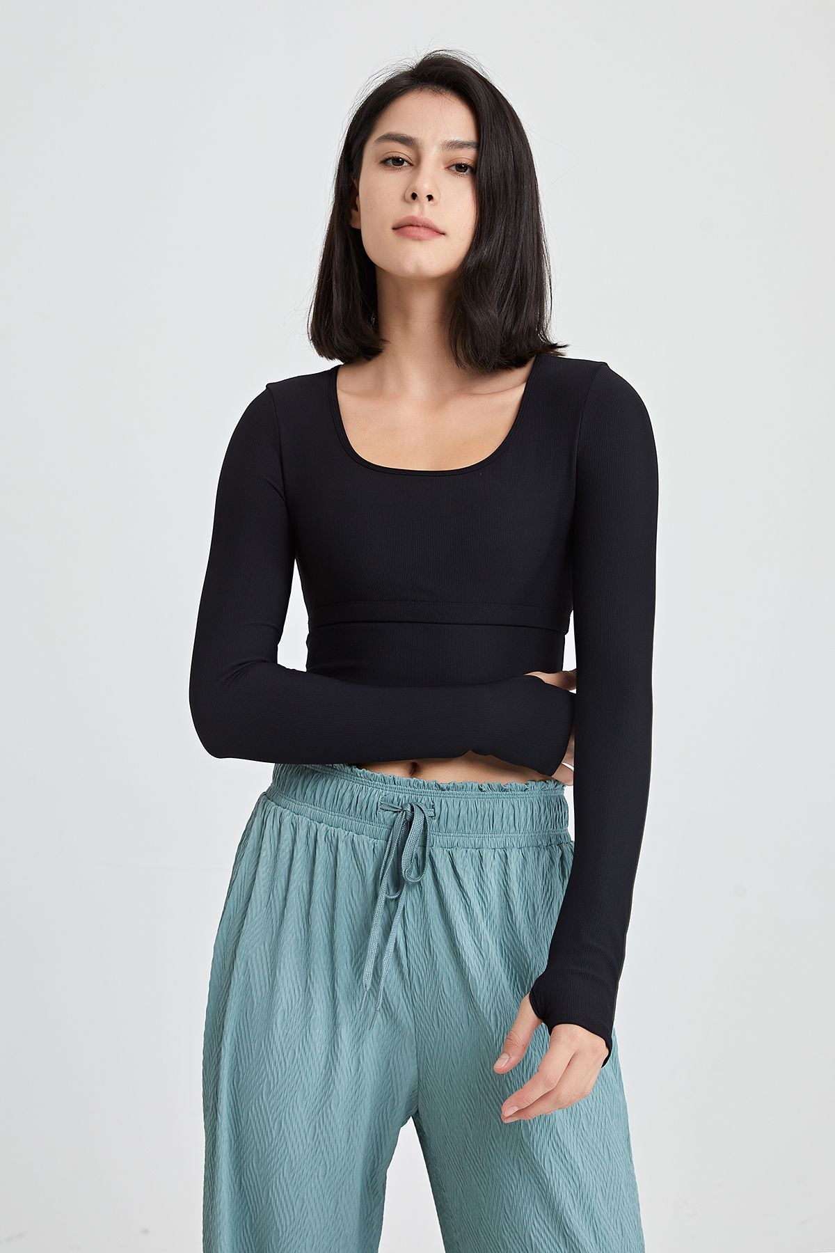 Ribbed Long Sleeve Crop Shirts with Built In Bra