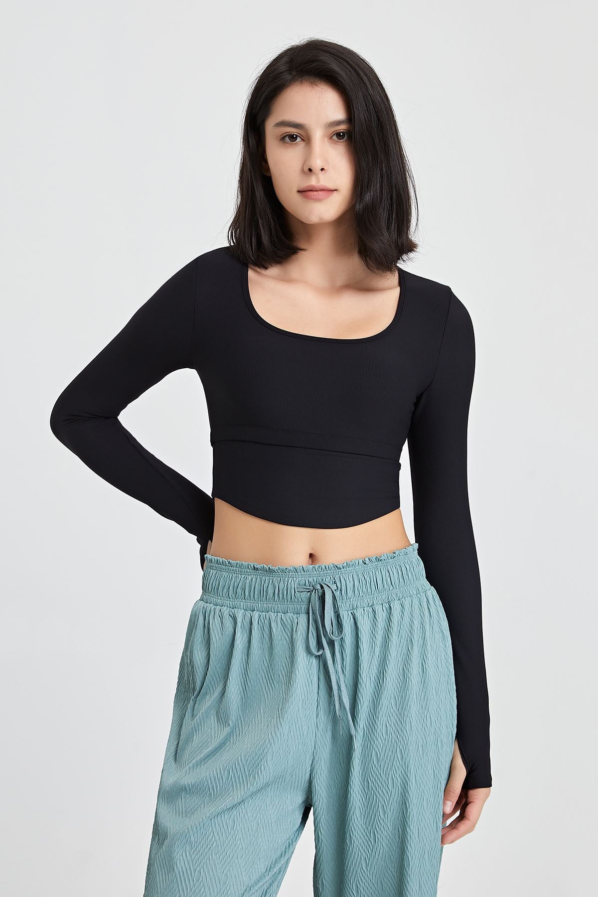 Ribbed Long Sleeve Crop Shirts with Built In Bra