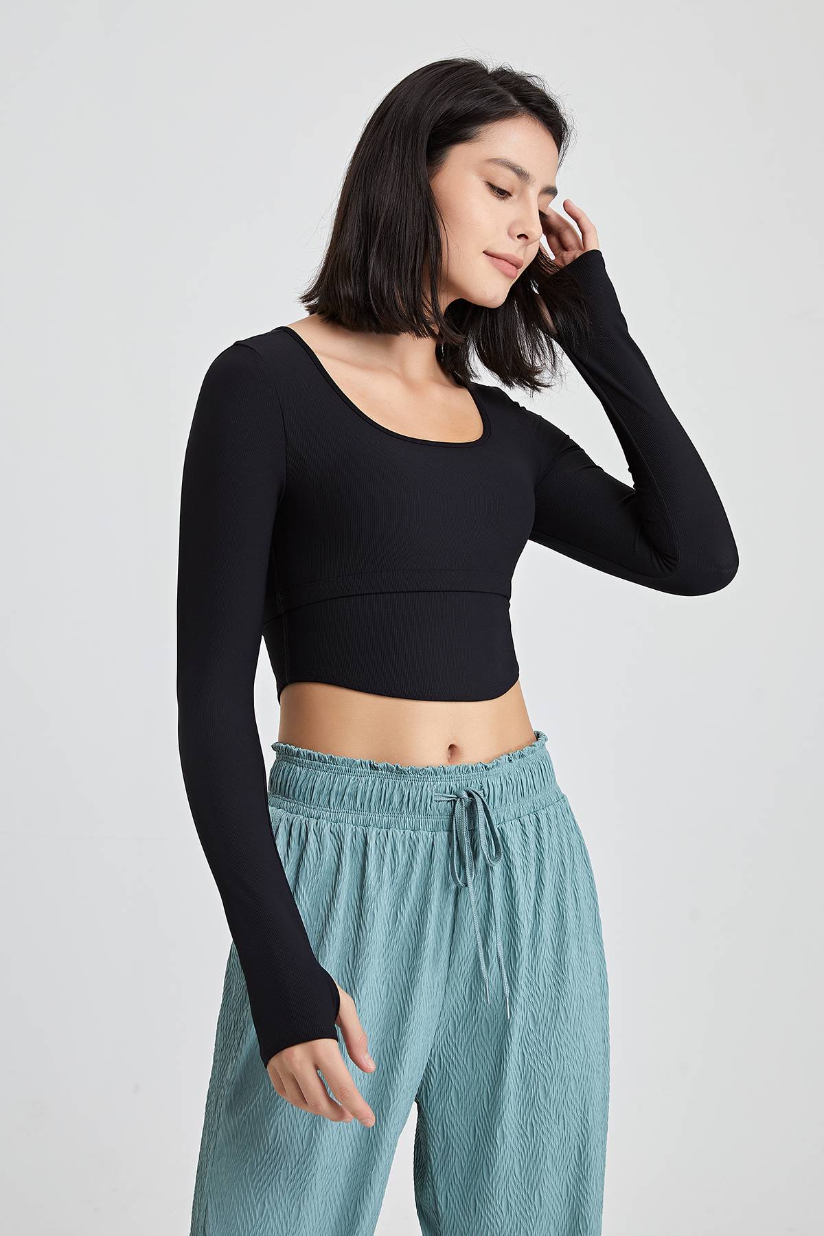 Ribbed Long Sleeve Crop Shirts with Built In Bra