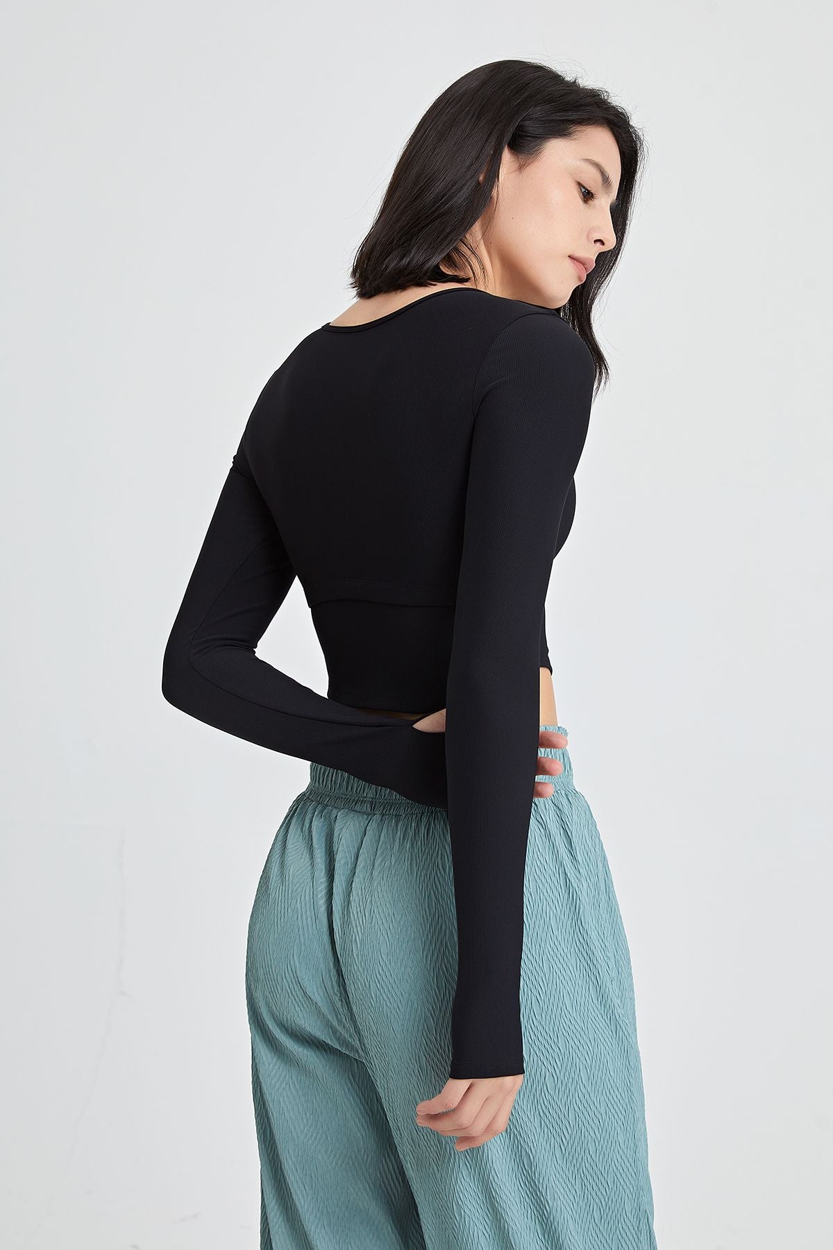 Ribbed Long Sleeve Crop Shirts with Built In Bra