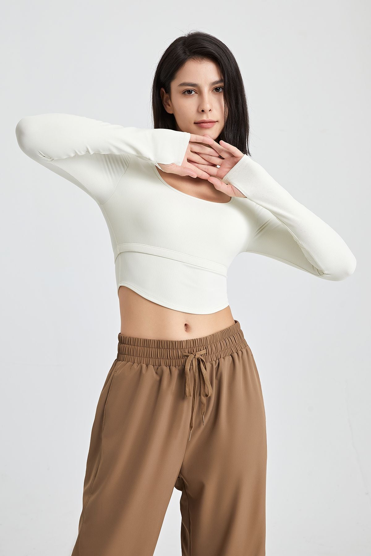 Ribbed Long Sleeve Crop Shirts with Built In Bra