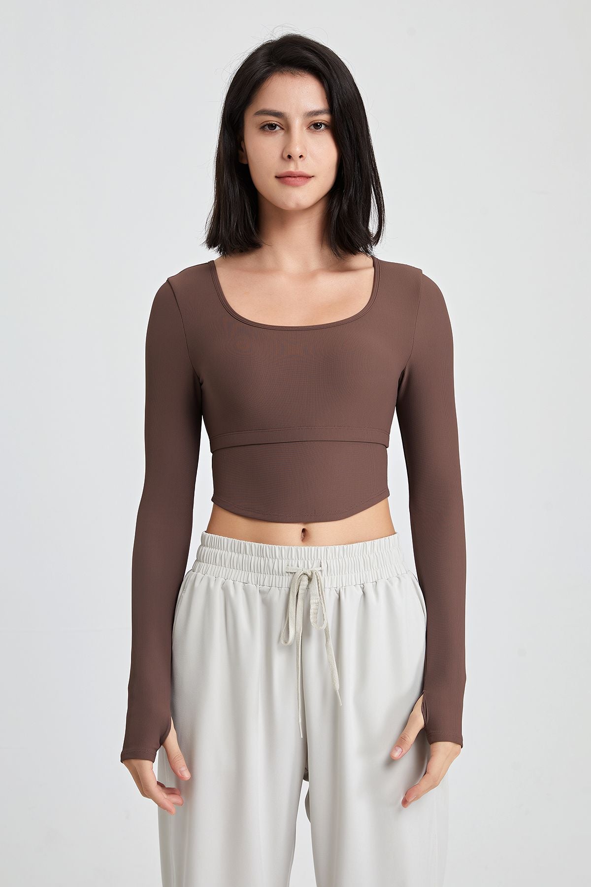 Ribbed Long Sleeve Crop Shirts with Built In Bra