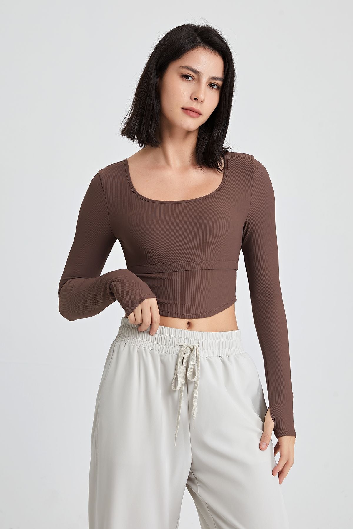 Ribbed Long Sleeve Crop Shirts with Built In Bra