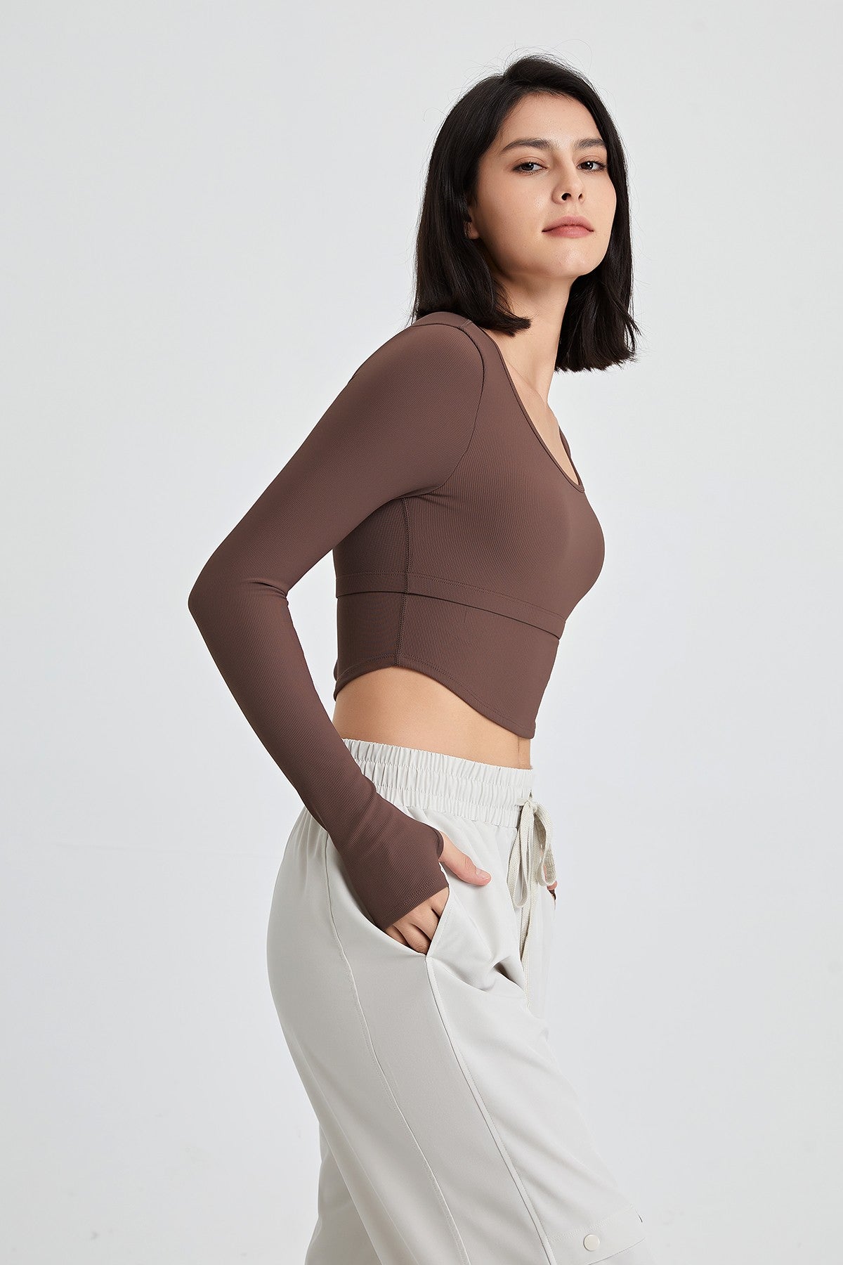 Ribbed Long Sleeve Crop Shirts with Built In Bra