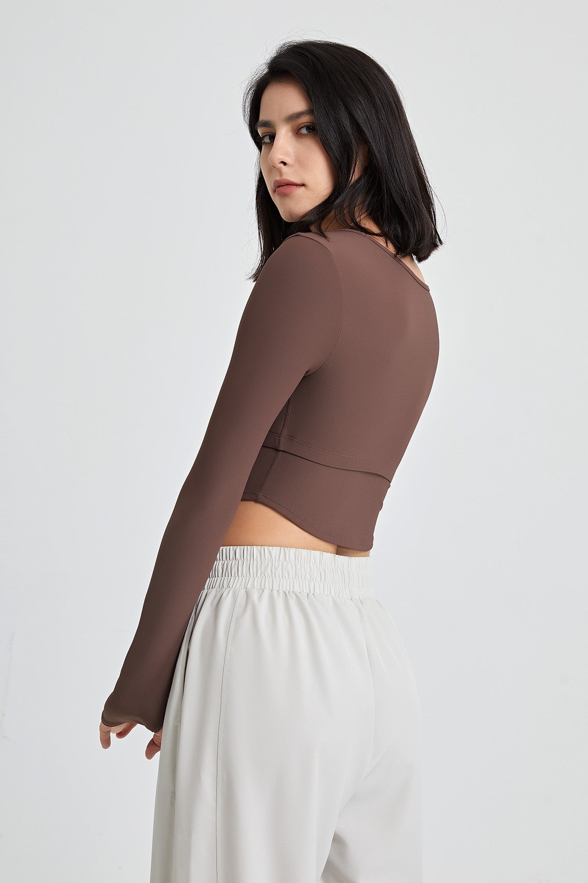 Ribbed Long Sleeve Crop Shirts with Built In Bra