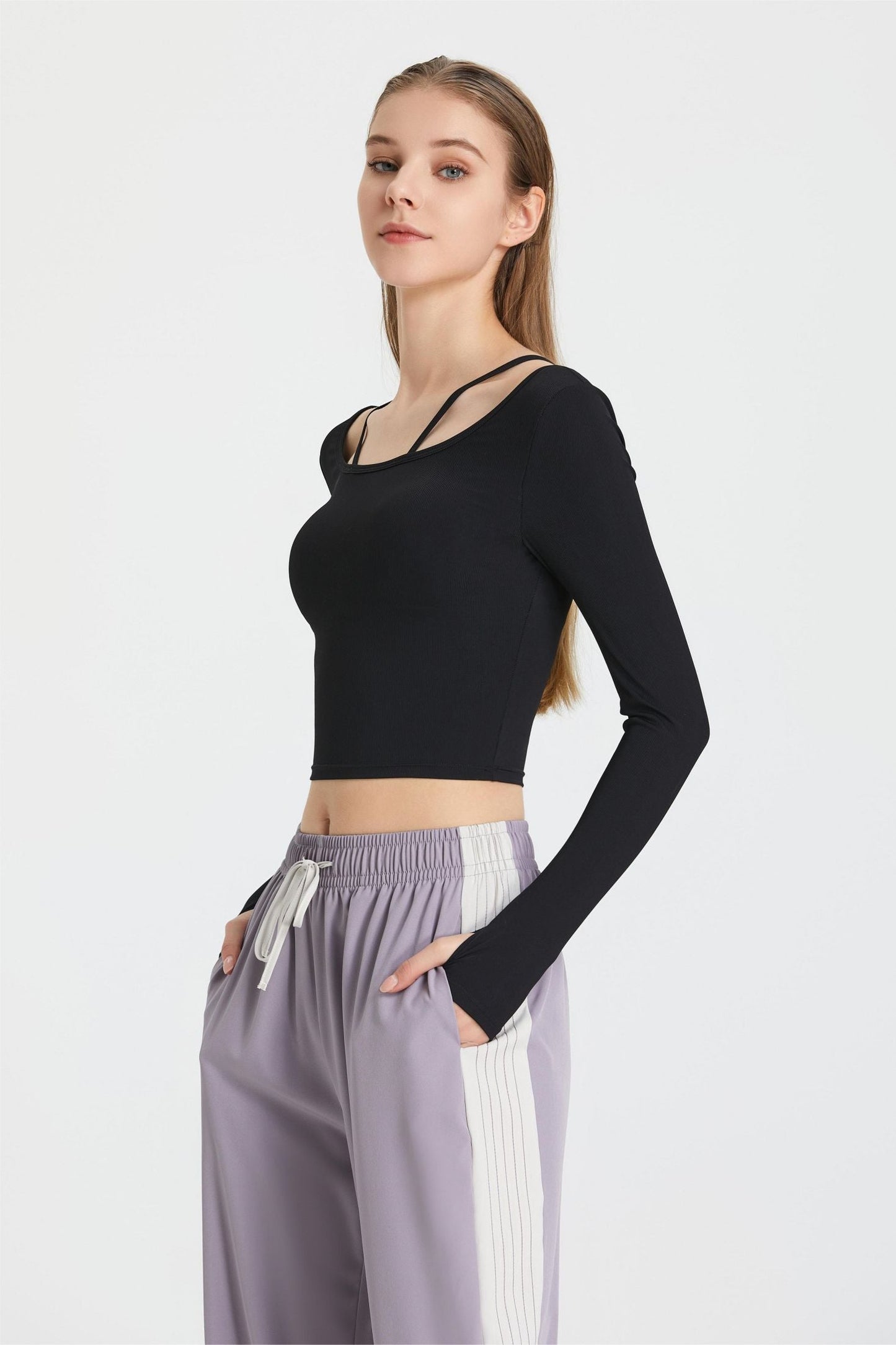 Ribbed Long Sleeve Top with Built-In Bra