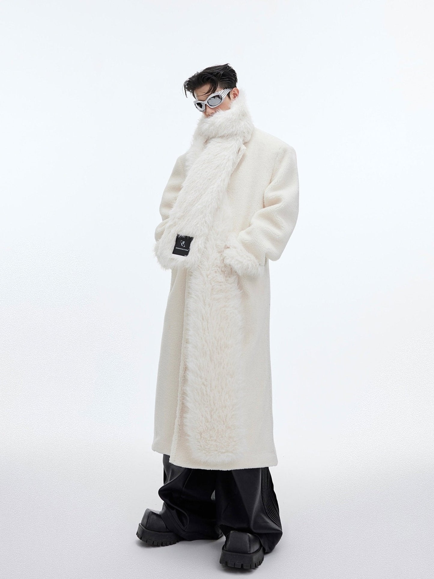 Scarf-Adorned Woolen Overcoat | Plush-Enhanced Longline Cocoon Coat