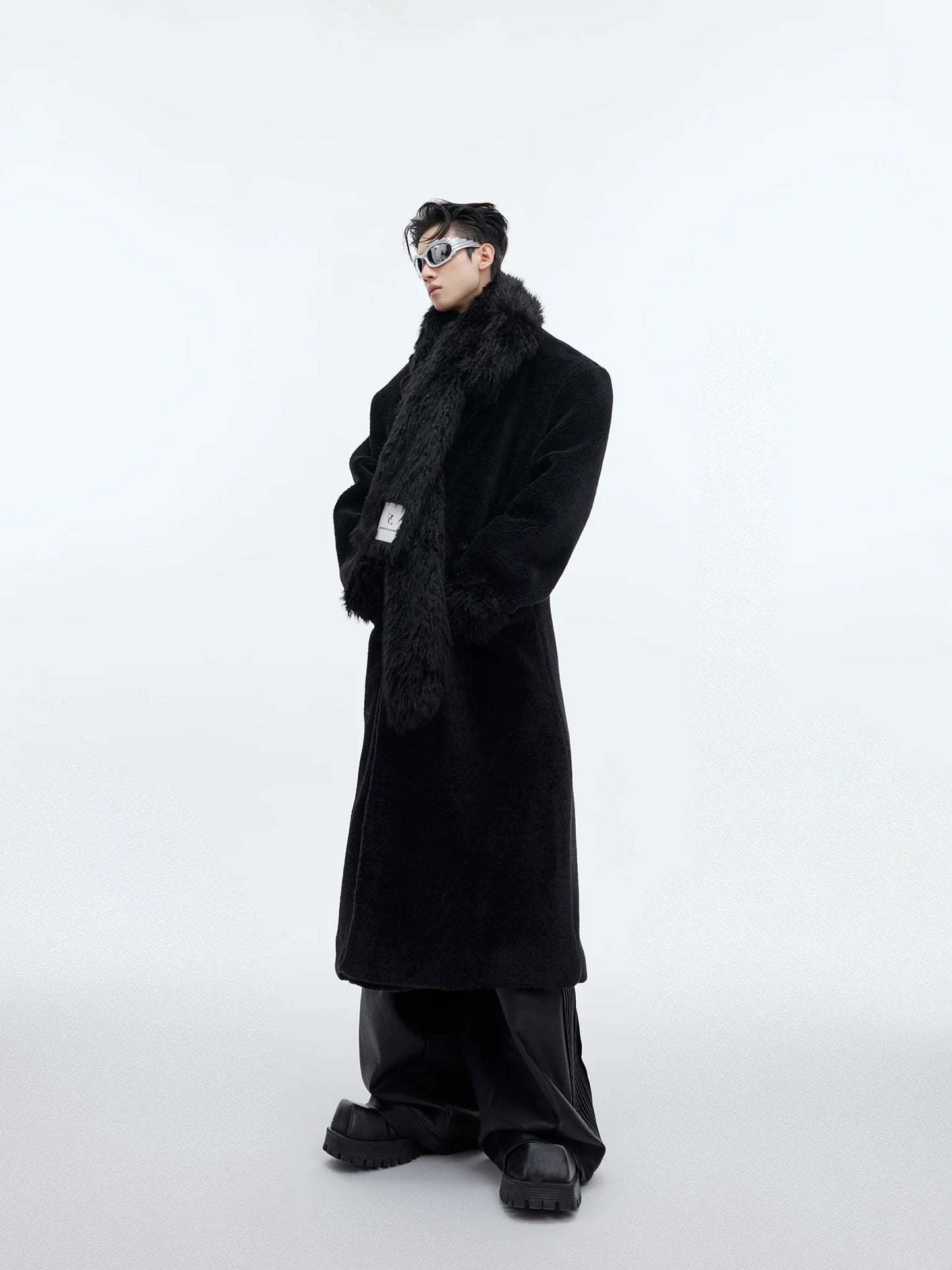 Scarf-Adorned Woolen Overcoat | Plush-Enhanced Longline Cocoon Coat