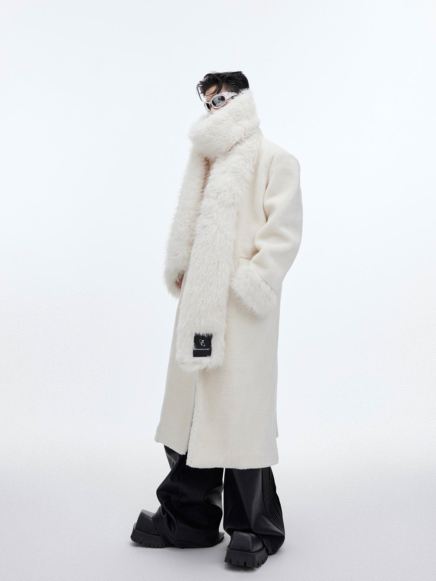 Scarf-Adorned Woolen Overcoat | Plush-Enhanced Longline Cocoon Coat