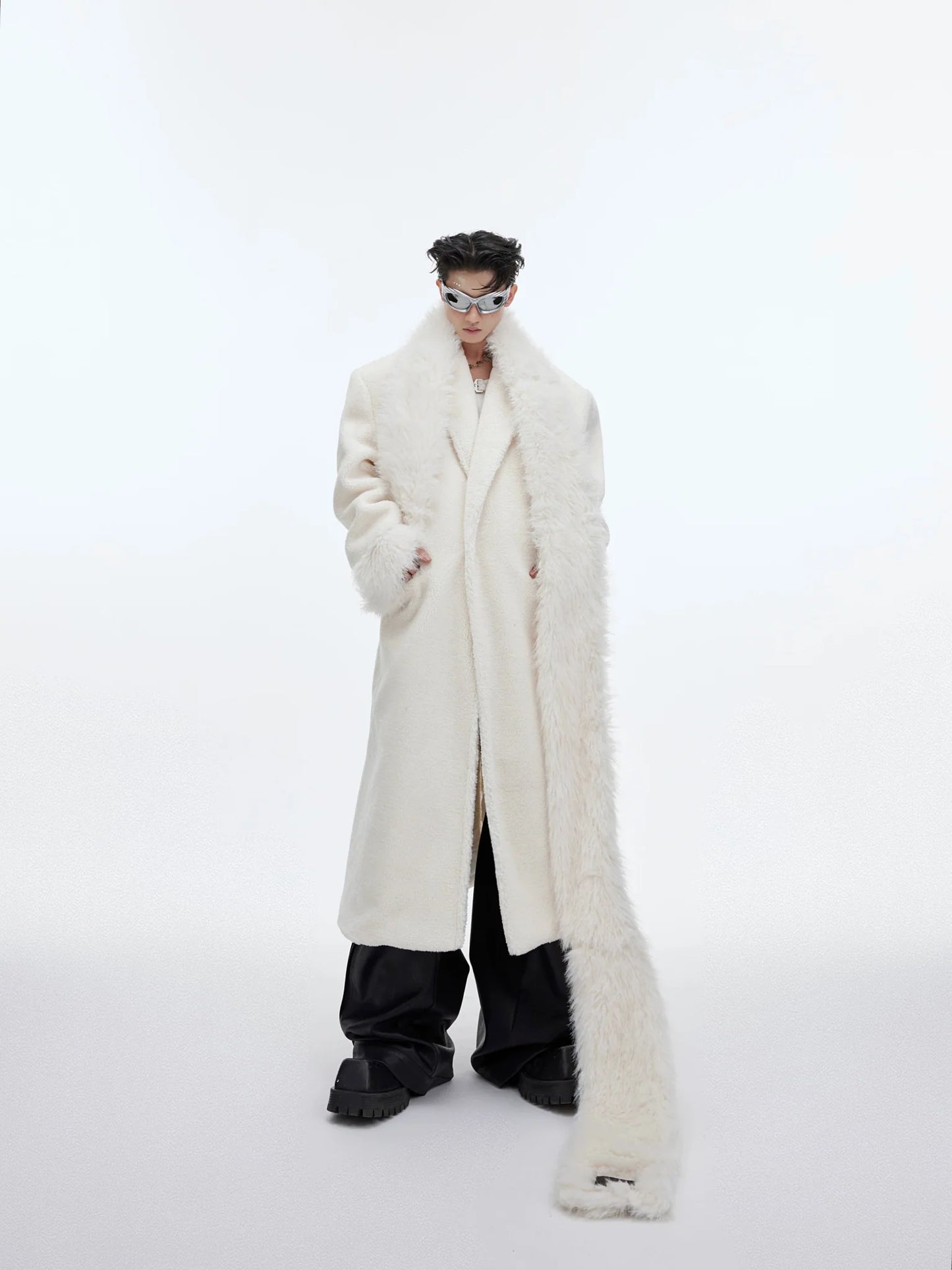 Scarf-Adorned Woolen Overcoat | Plush-Enhanced Longline Cocoon Coat