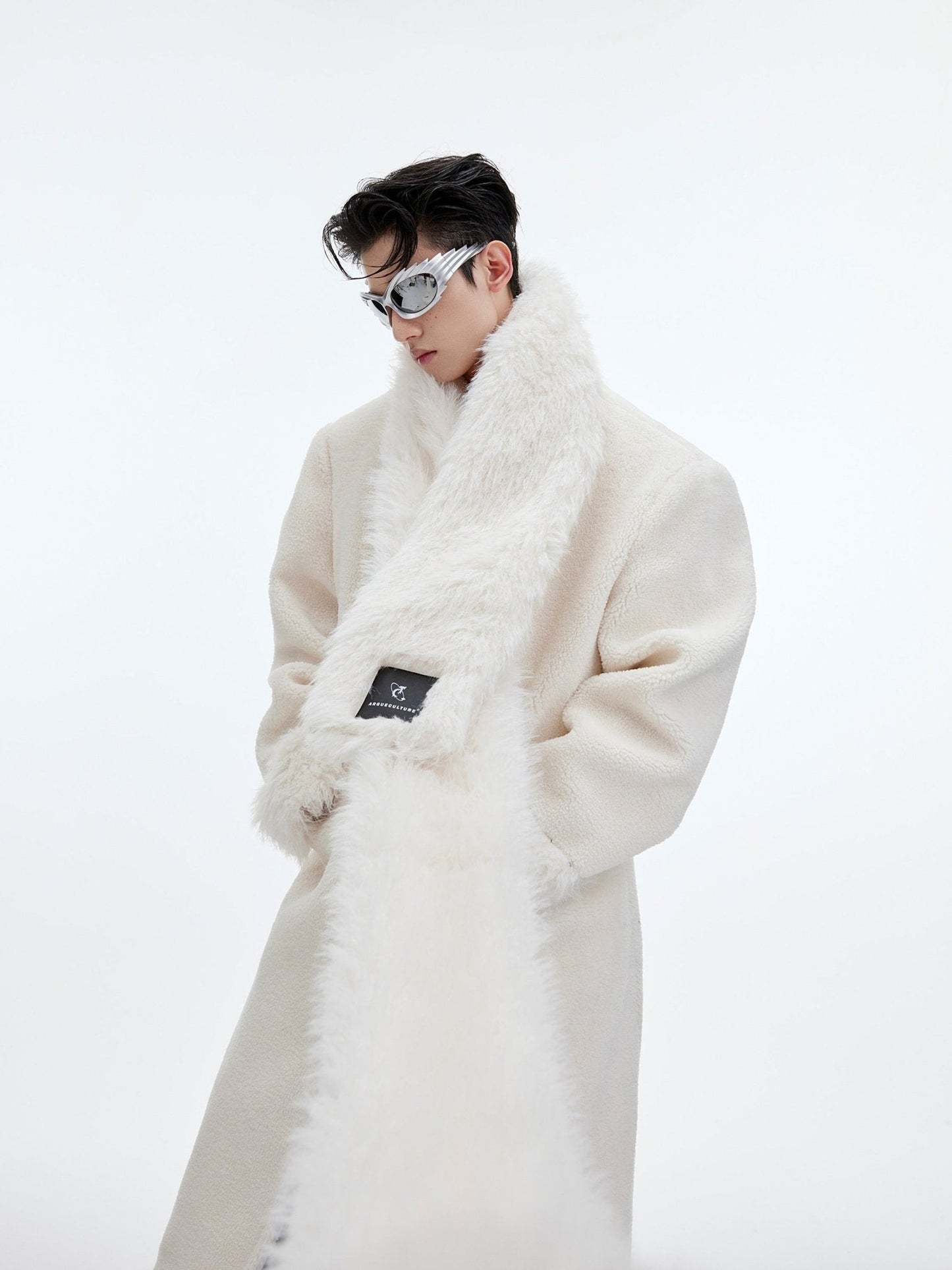 Scarf-Adorned Woolen Overcoat | Plush-Enhanced Longline Cocoon Coat