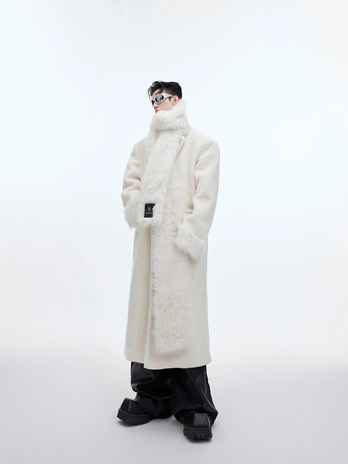 Scarf-Adorned Woolen Overcoat | Plush-Enhanced Longline Cocoon Coat