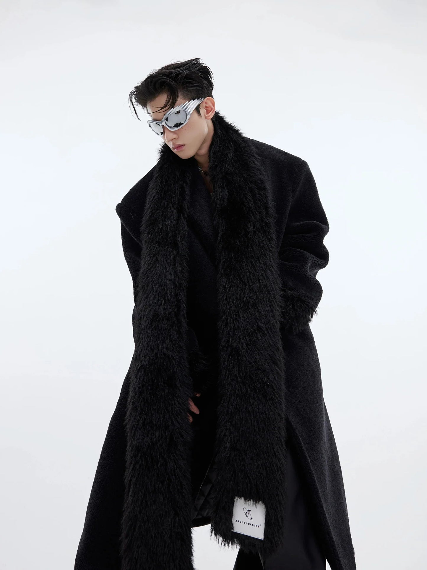 Scarf-Adorned Woolen Overcoat | Plush-Enhanced Longline Cocoon Coat