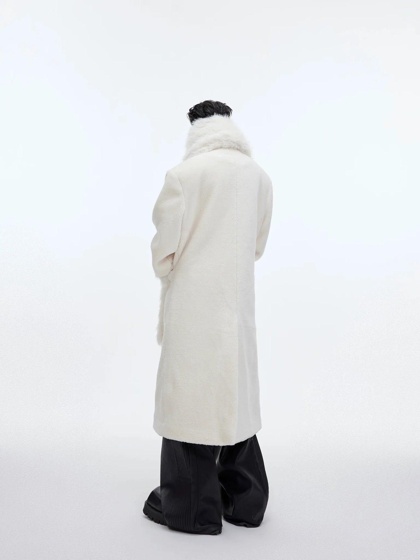 Scarf-Adorned Woolen Overcoat | Plush-Enhanced Longline Cocoon Coat