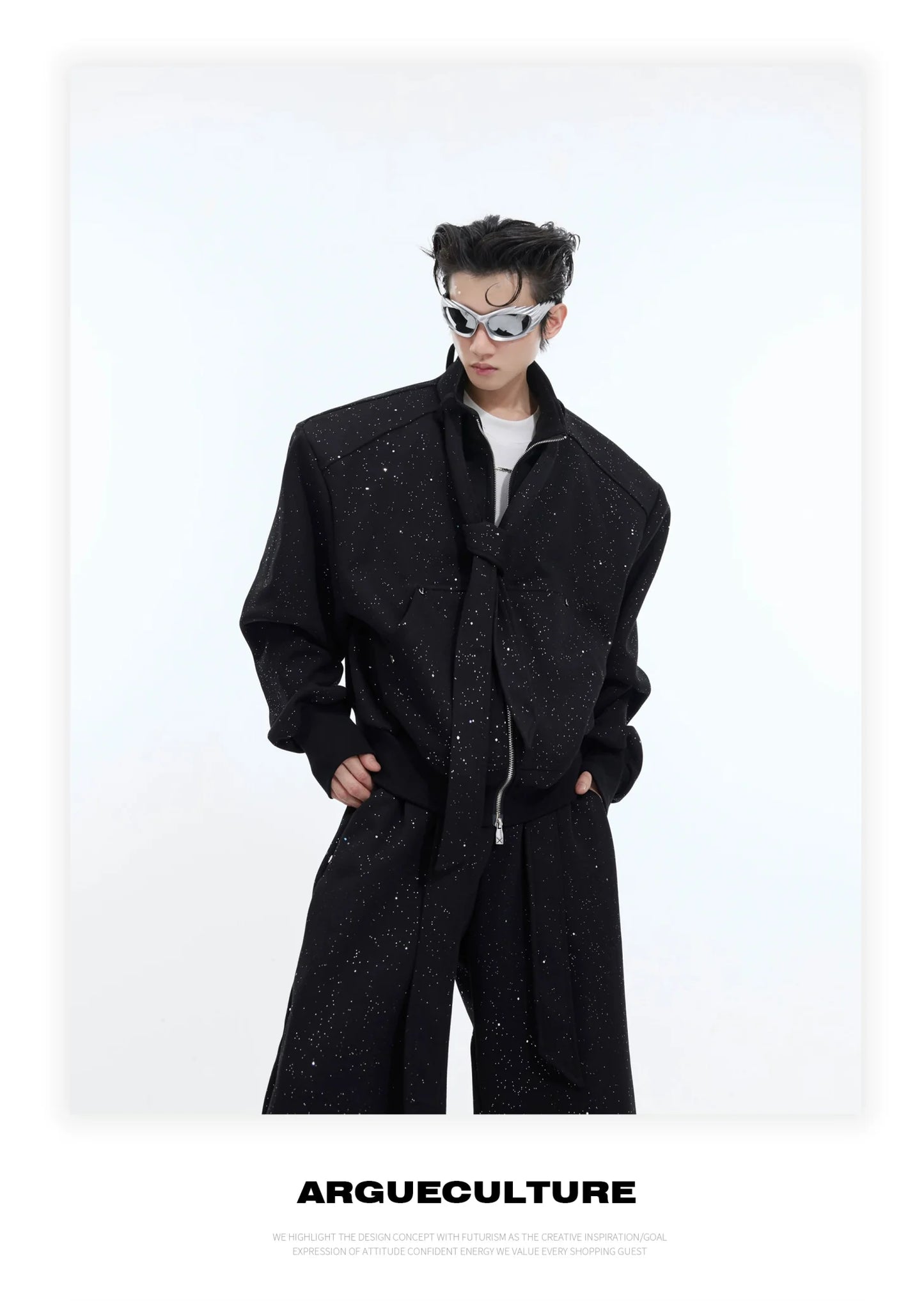 Sequin Split Design Stand Collar Hoodie Set with Tie-Integrated Jacket