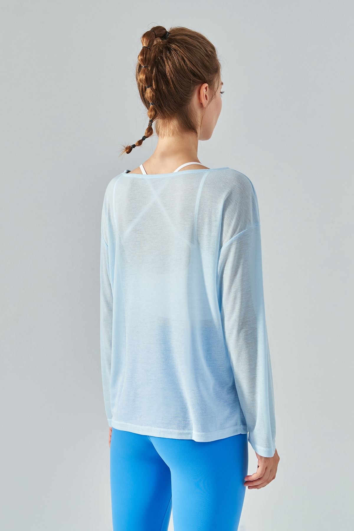 Sheer Mesh Boatneck Long Sleeve Tops