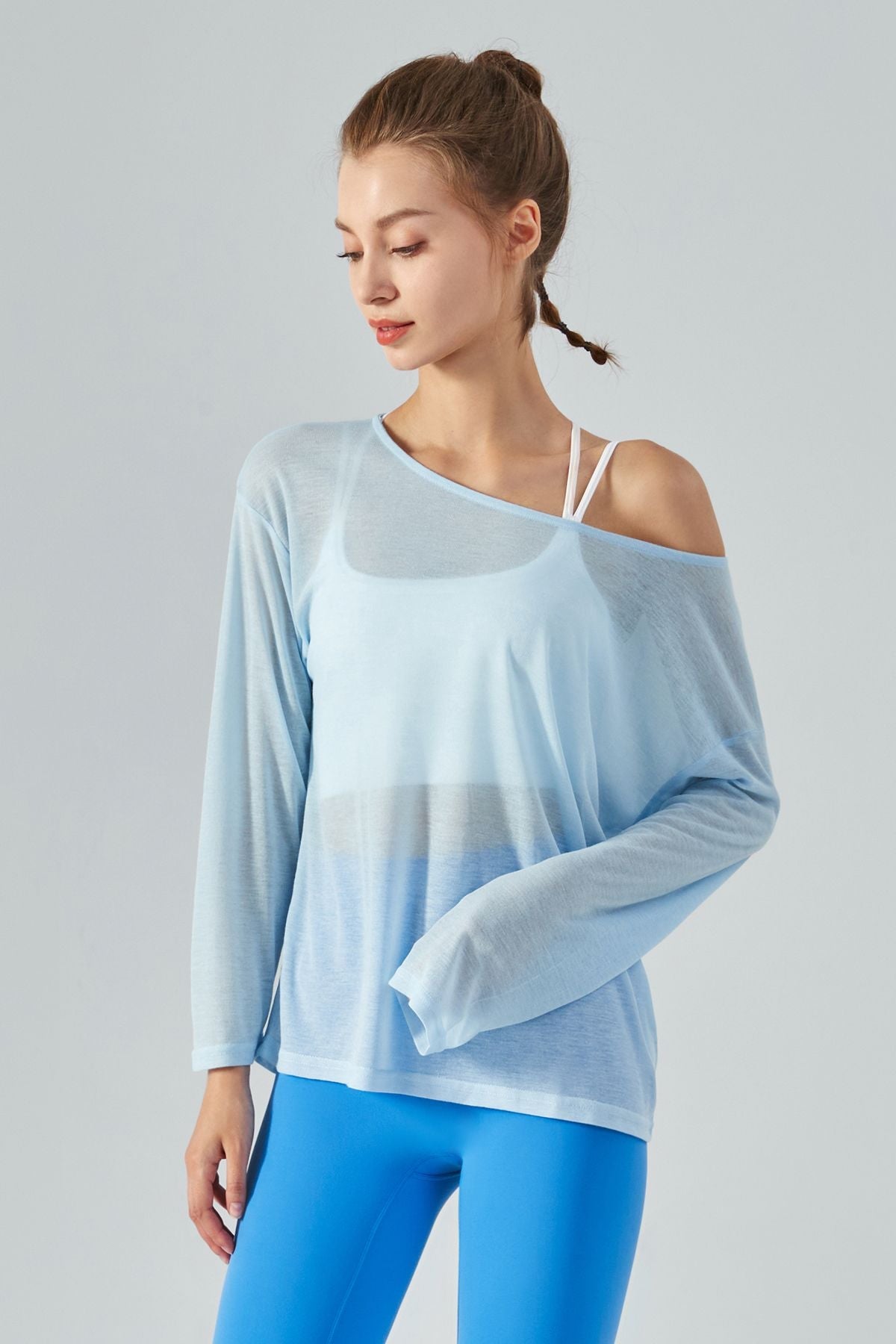 Sheer Mesh Boatneck Long Sleeve Tops