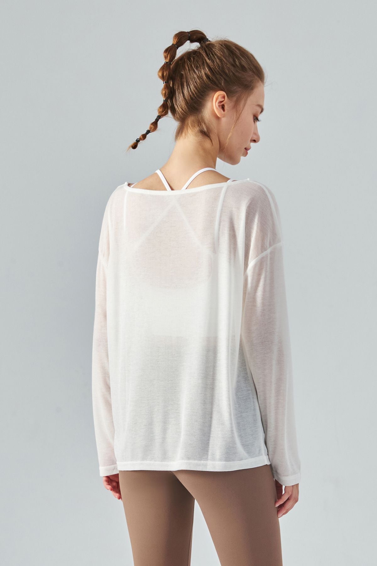 Sheer Mesh Boatneck Long Sleeve Tops