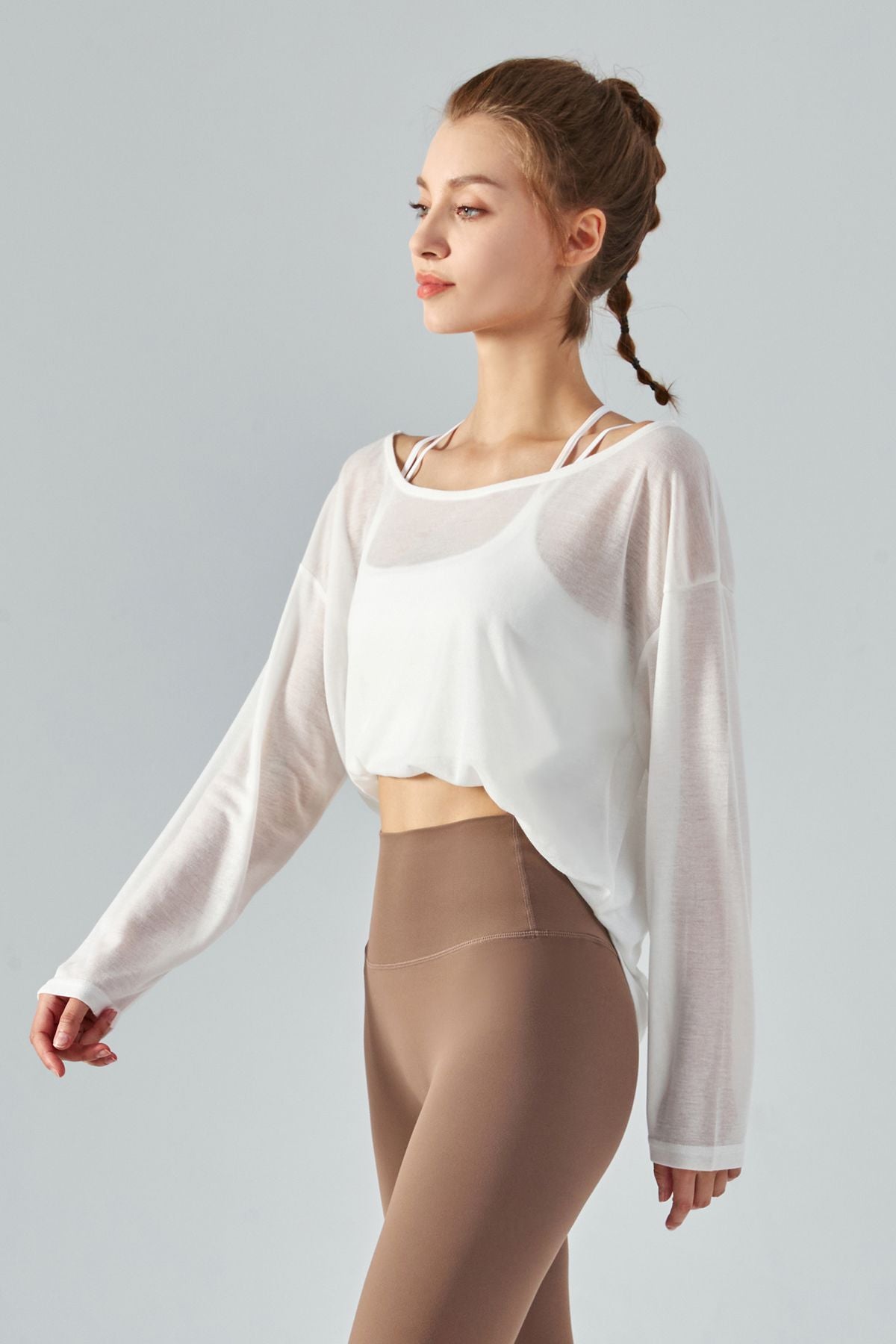 Sheer Mesh Boatneck Long Sleeve Tops