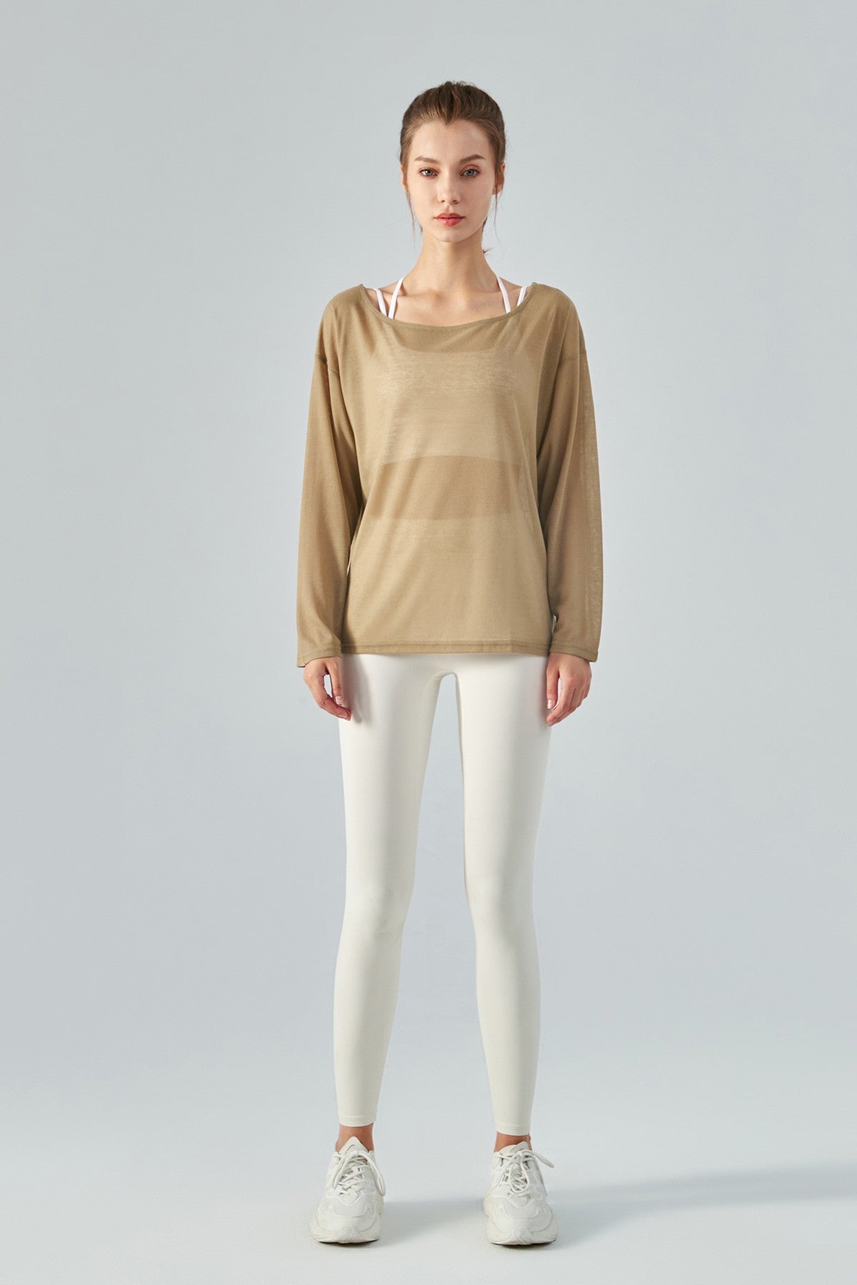 Sheer Mesh Boatneck Long Sleeve Tops