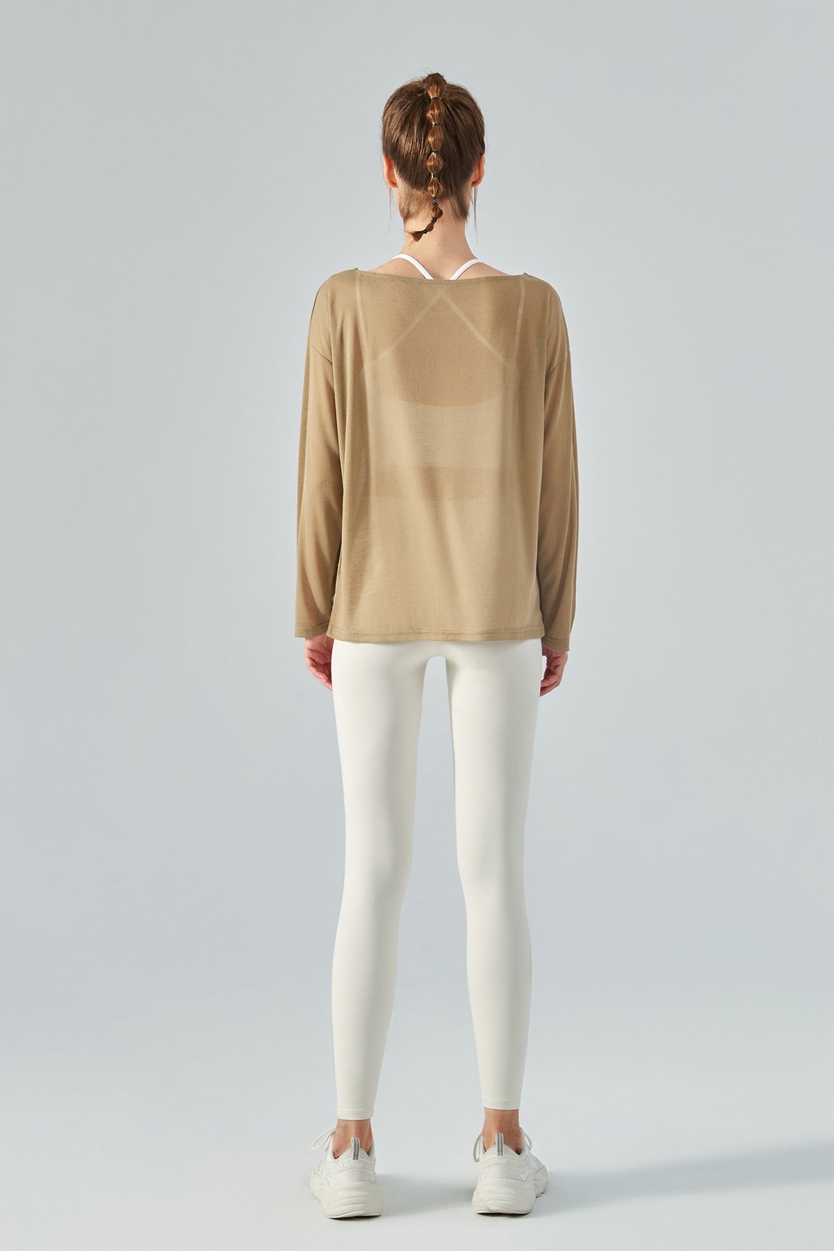 Sheer Mesh Boatneck Long Sleeve Tops