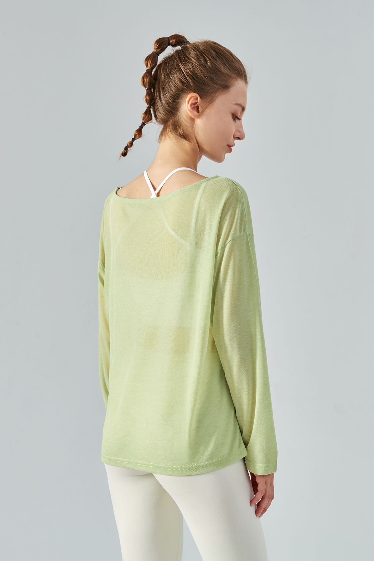 Sheer Mesh Boatneck Long Sleeve Tops