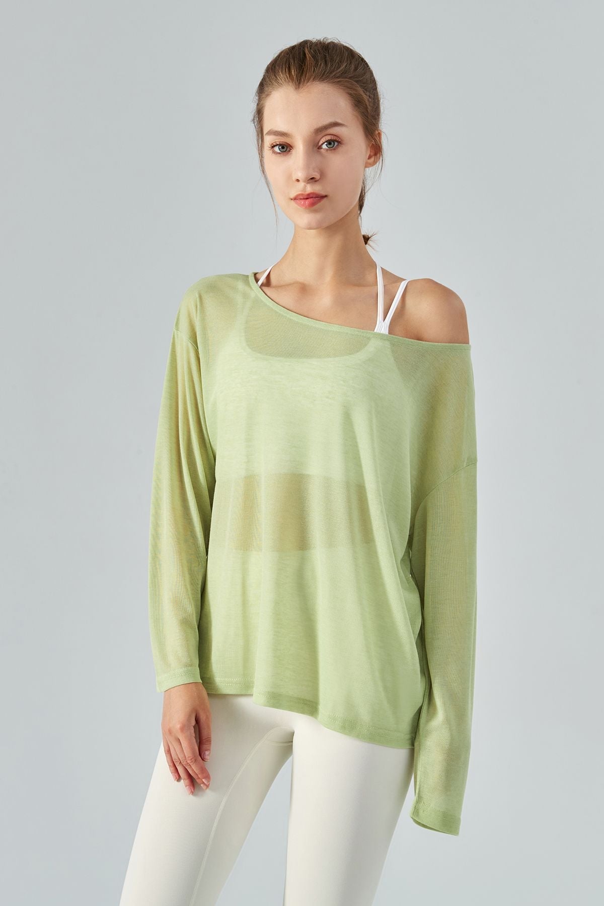 Sheer Mesh Boatneck Long Sleeve Tops